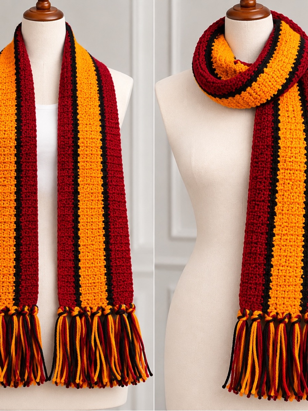 Cozy Striped Knit Scarf in Burgundy, Gold & Black